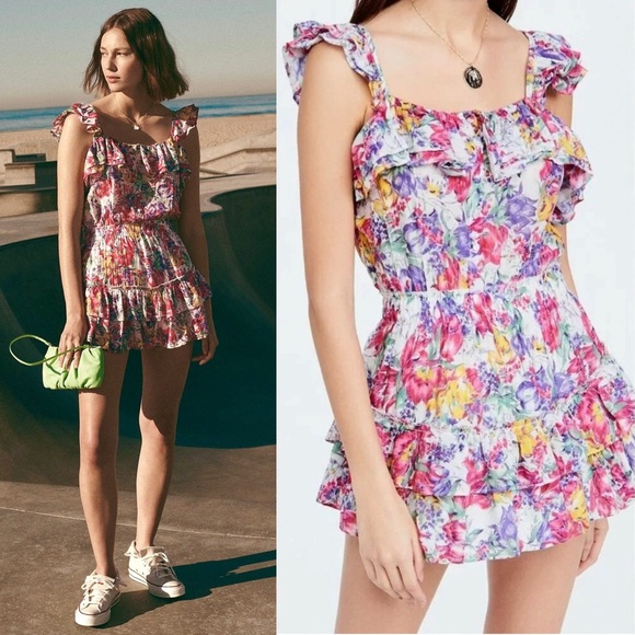 LOVESHACKFANCY Silk Cotton Floral Ruffle Trim Square Neck Mini Dress S - Picture 5 of 9